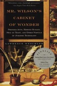 The cover of Lawrence Weschler's Mr Wilson's Cabinet of Wonder, featuring quill pens and several small curiosities