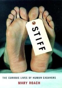The cover of Mary Roach's Stiff, featuring feet and a toe tag